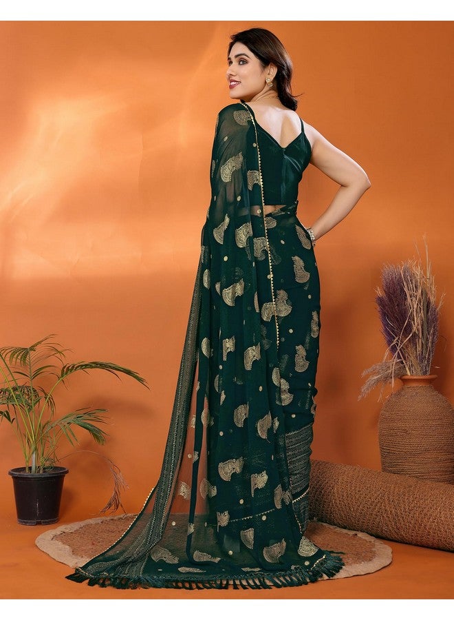 SIRIL ساري سيريلي للنساء من قماش جورجيت مزخرف بطبعة فويل مع قطعة بلوزة غير مخيطة (4256S671_أخضر) - Image 3