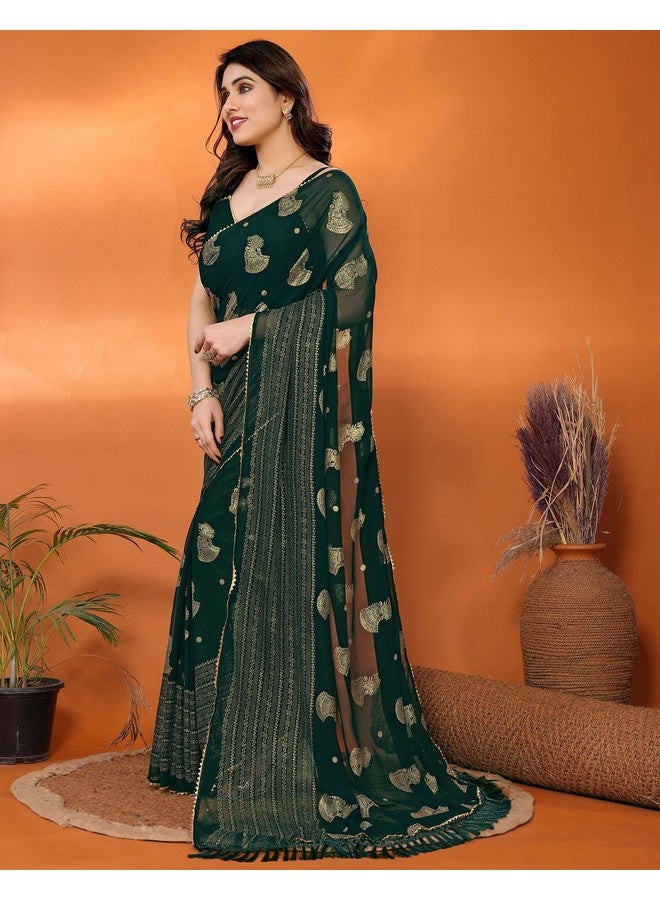 SIRIL ساري سيريلي للنساء من قماش جورجيت مزخرف بطبعة فويل مع قطعة بلوزة غير مخيطة (4256S671_أخضر) - Image 2