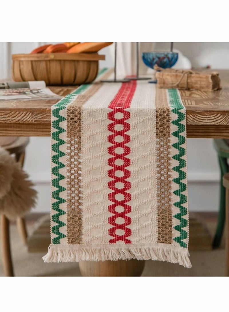 Captaintech Creative Bohemian Ethnic Table Runner, Colorful Plaid Cotton Linen Braided Tassel Rectangular Coffee Table Tablecloth Home Party Restaurants Kitchen Holiday Wedding Decorations (12"*70.8") - Image 1