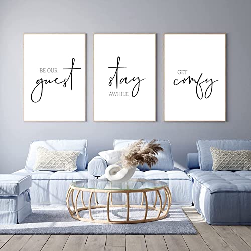 Pennclys Be Our Guest Wall Decor Guest Room Wall Art Decor Stay Awhile Signs for Home Decor Minimalist Wall Art over the Bed Sign Guest Bedroom Wall Decor Canvas Painting 12x16 Inch (set of 3) UNFRAMED - Image 1