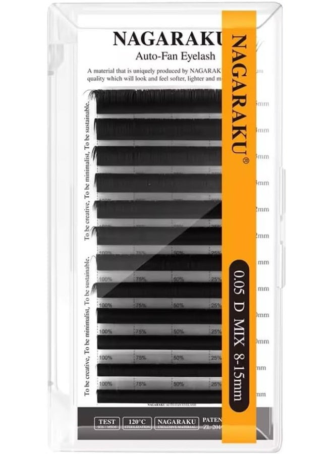 NAGARAKU Auto Fan Eyelash Extensions Self Blooming Volume Lashes Matte Black Faux Mink for Professional Use (0.05-D-13mm) - Image 1
