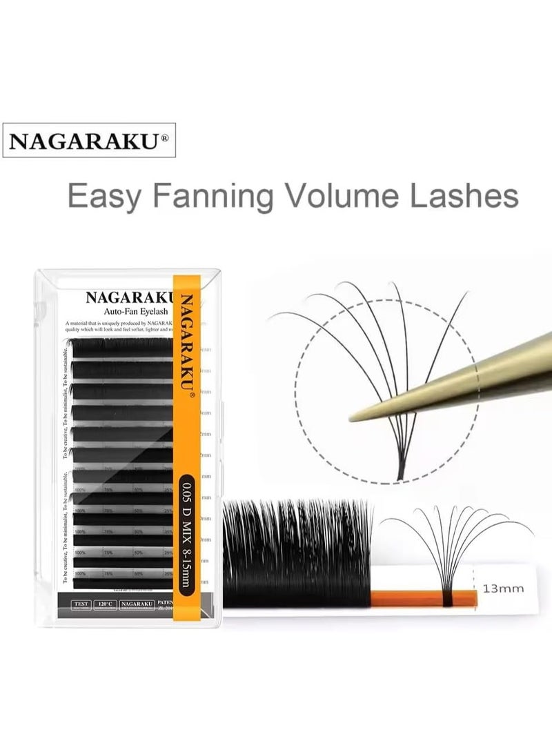 NAGARAKU Auto Fan Eyelash Extensions Self Blooming Volume Lashes Matte Black Faux Mink for Professional Use (0.05-D-13mm) - Image 2