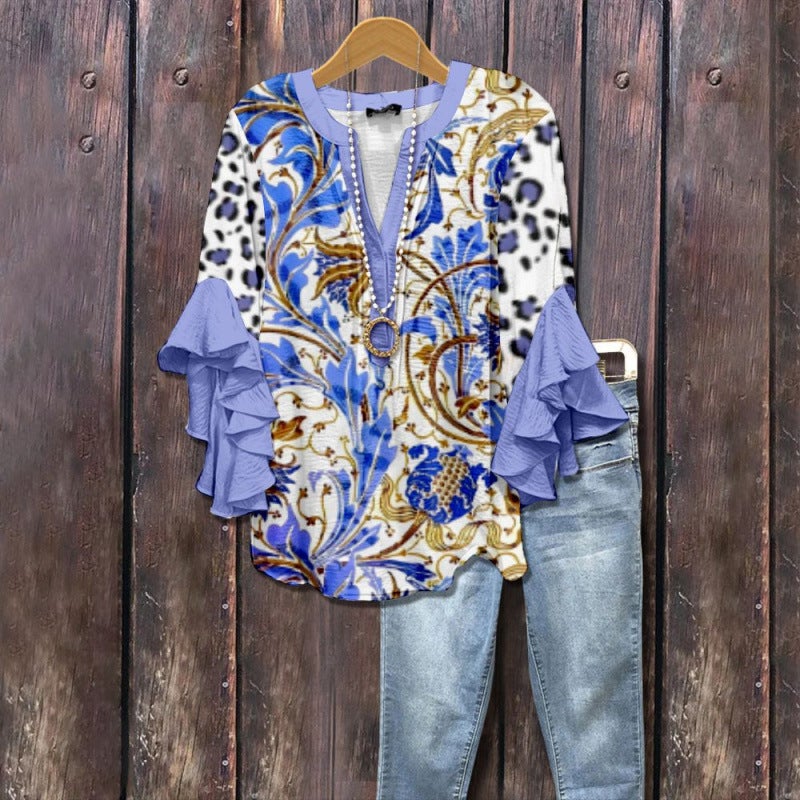 3D New Creative Floral Element Print Digital Print Casual Trendy V-Neck Ruffled Edge T-Shirt for Women - Image 3