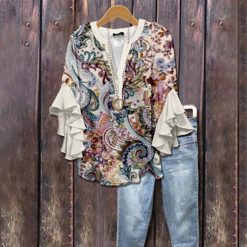 3D New Creative Floral Element Print Digital Print Casual Trendy V-Neck Ruffled Edge T-Shirt for Women - Image 4