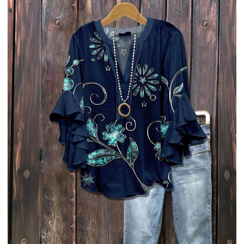 3D New Creative Floral Element Print Digital Print Casual Trendy V-Neck Ruffled Edge T-Shirt for Women - Image 2