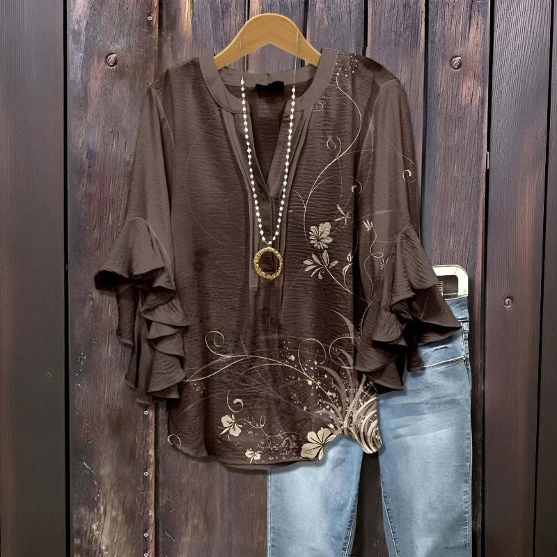3D New Creative Floral Element Print Digital Print Casual Trendy V-Neck Ruffled Edge T-Shirt for Women - Image 1