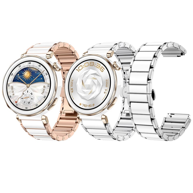 إيروريكس لساعة هواوي واتش جي تي 5 41 مم / جي تي 5 برو 42 مم سوار ساعة سيراميكي أبيض معدني بمشبك فراشة (أبيض + فضي) - Image 5