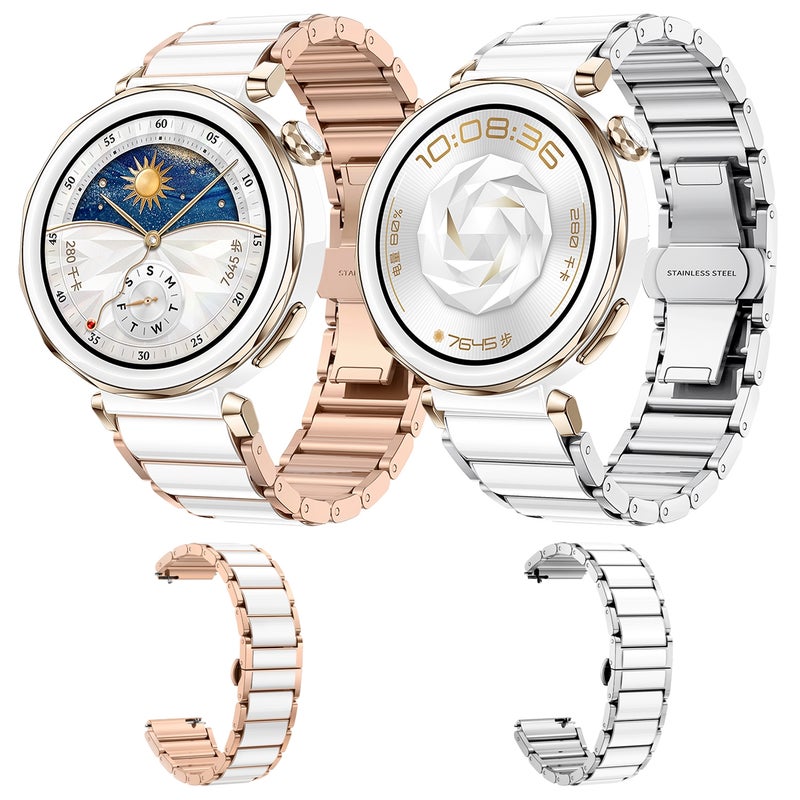 إيروريكس لساعة هواوي واتش جي تي 5 41 مم / جي تي 5 برو 42 مم سوار ساعة سيراميكي أبيض معدني بمشبك فراشة (أبيض + فضي) - Image 3