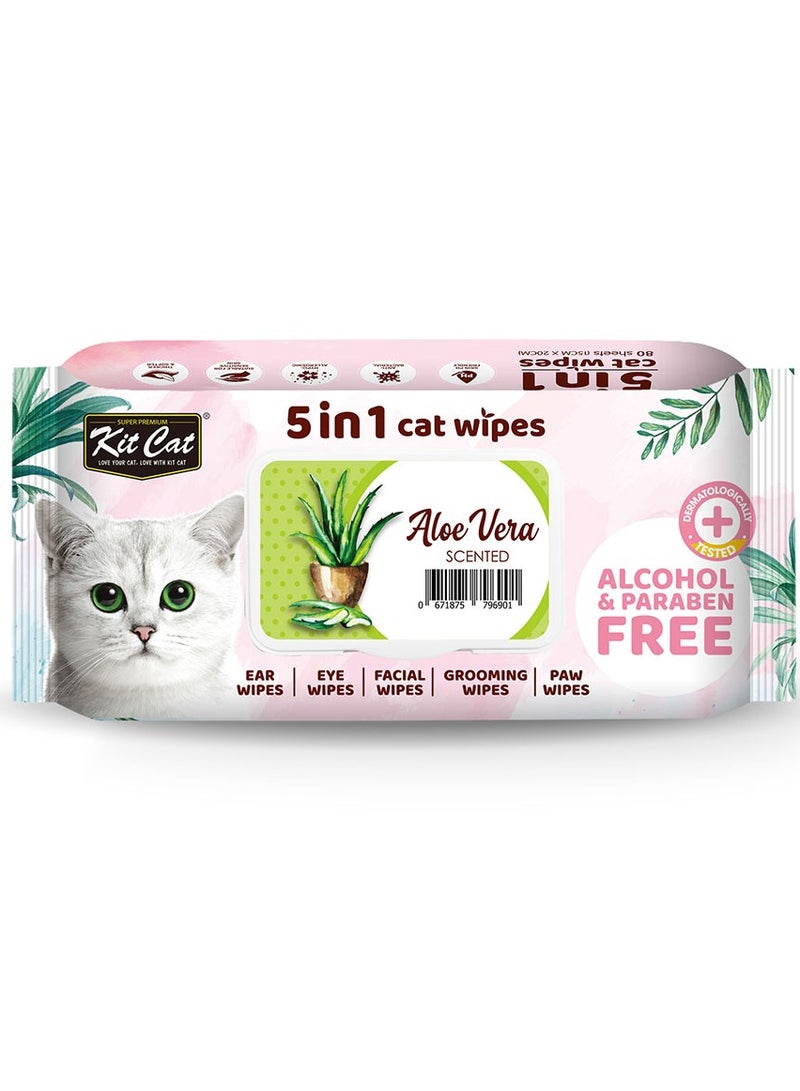 Kit Cat Cat Wipes 5 in 1 Aloe Vera Scented 80 Sheets - Image 1