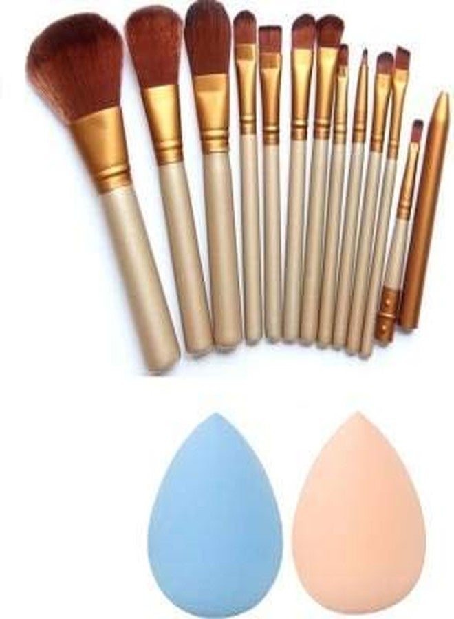 Generic Women's & Girl's 12 Makeup Brushes Set - Colour : Brown with 2 Beauty Blender Sponge - (Pack of 14)