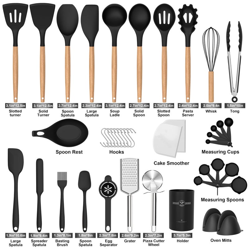CACOLES Silicone Cooking Utensils Set 43Pcs Non-Stick Heat Resistant Kitchen Utensils Spatula Set With Wooden Handle For Baking Cooking And Mixing Best Kitchen Gadgets Tools With Holder (Black) - Image 3