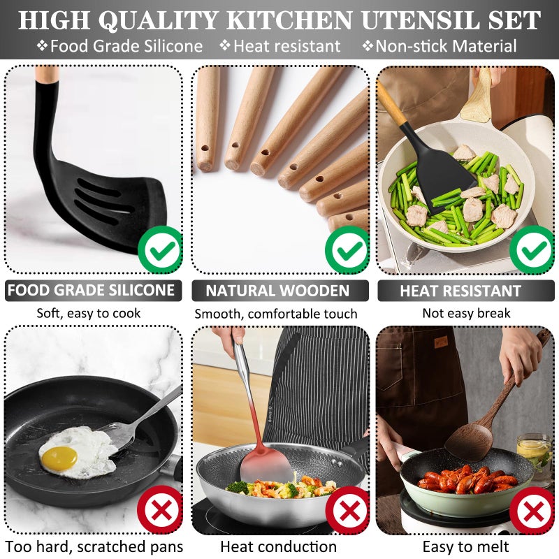 CACOLES Silicone Cooking Utensils Set 43Pcs Non-Stick Heat Resistant Kitchen Utensils Spatula Set With Wooden Handle For Baking Cooking And Mixing Best Kitchen Gadgets Tools With Holder (Black) - Image 4