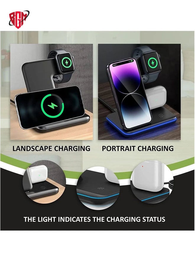 BGM - Wireless Charger 3 in 1 Charging Station with USB Data Cable Charging Station for iPhone 14/13/12/11 Pro/XS, Air Pods 3/2/1/pro, iWatch Series, Samsung and Qi-Certified Phones - Image 1