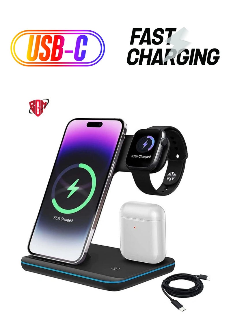 BGM - Wireless Charger 3 in 1 Charging Station with USB Data Cable Charging Station for iPhone 14/13/12/11 Pro/XS, Air Pods 3/2/1/pro, iWatch Series, Samsung and Qi-Certified Phones - Image 1