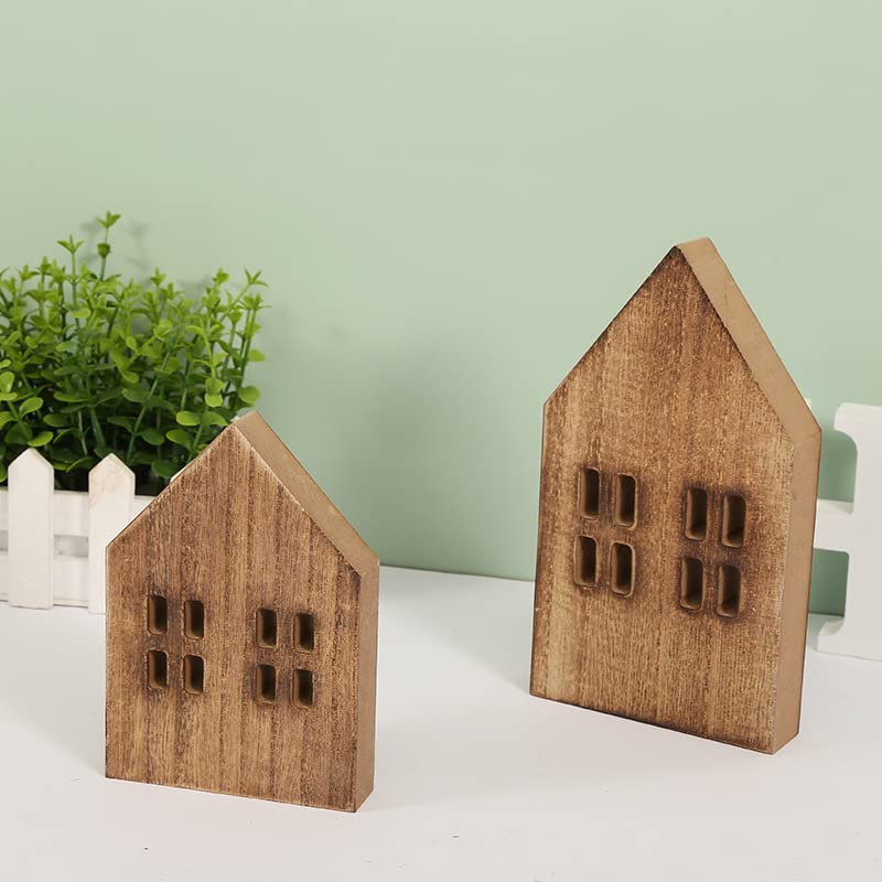 iMagitek 2 Pack Block Farmhouse Home Wooden Sign House Shaped Wooden Sign Tiered Tray Decor for Home Room Table (Brown) - Image 2