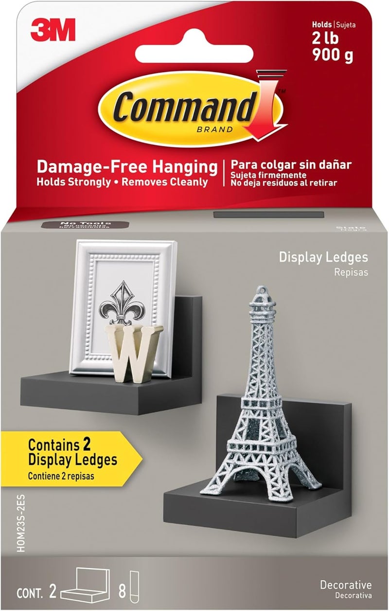 Command Display Ledges, Holds up to 2 lb, Slate, 2 Ledges with 8 Medium Command Strips, Damage Free Hanging Floating Shelf with Adhesive Strips, Personalize Living Room, Bedroom, Kids Room or Office - Image 1
