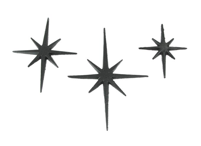 SET OF THREE BLACK CAST IRON 8 POINTED WALL HANGINGS MID CENTURY MODERN STARS MCM DECOR ACCENTS EASY INSTALL IDEAL FOR VINTAGE BEACH OR NAUTICAL THEMES