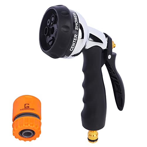 Garbnoire Heavy Duty Garden Hose Steel Nozzle Water Spray Gun With 1/2 Inch Connector High Pressure 7 Pattern For Gardening, Flower, Plants, Lawn, Bike| Multi Use Cleaning, Showering Pet, and Washing Cars - Black(Pack of 1) - Image 1