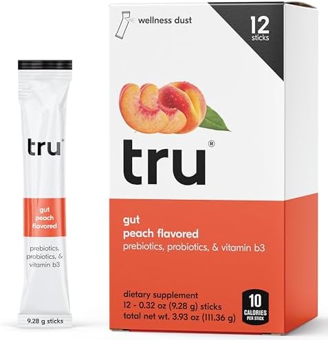 Tru Gut Powder Prebiotics and Probiotics for Digestive Health Peach Flavored Gut Health Drink Mix with Vitamin B3 Sweetened with Monk Fruit  Stevia Caffeine Free Gluten Free Vegan 12 Packets - Image 1