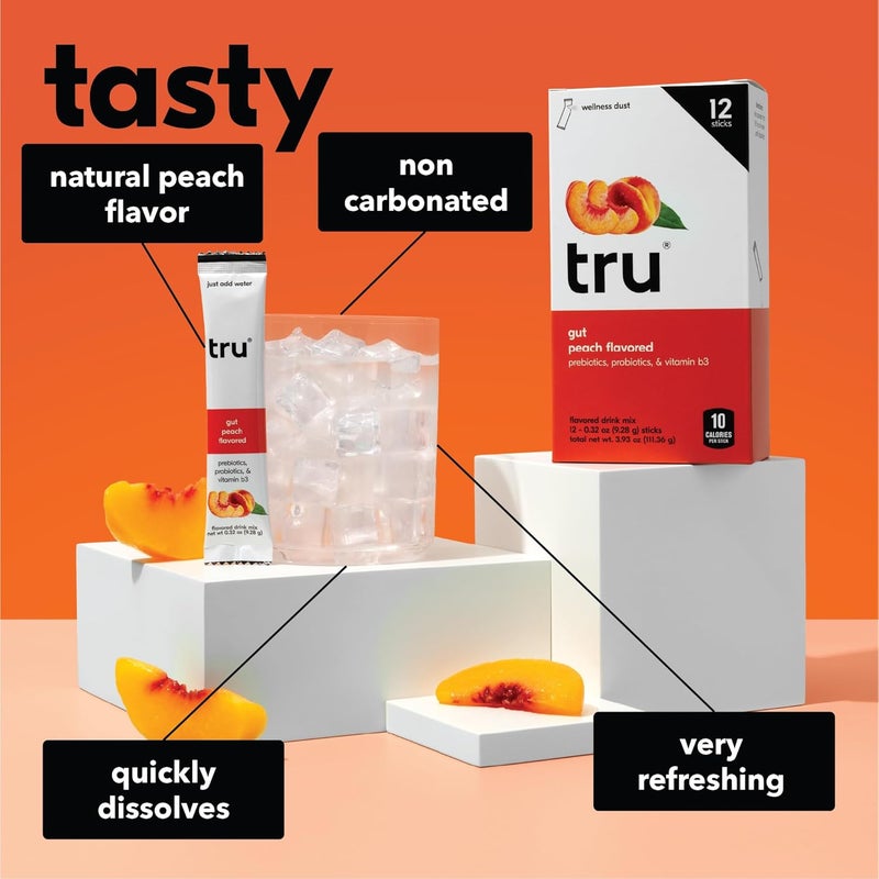 Tru Gut Powder Prebiotics and Probiotics for Digestive Health Peach Flavored Gut Health Drink Mix with Vitamin B3 Sweetened with Monk Fruit  Stevia Caffeine Free Gluten Free Vegan 12 Packets - Image 3