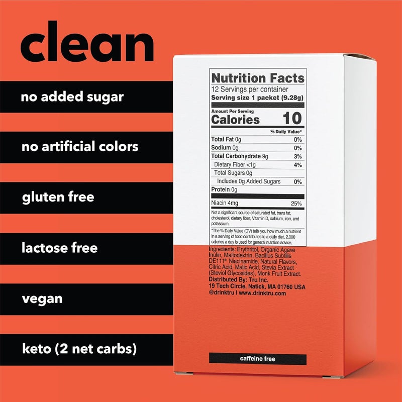 Tru Gut Powder Prebiotics and Probiotics for Digestive Health Peach Flavored Gut Health Drink Mix with Vitamin B3 Sweetened with Monk Fruit  Stevia Caffeine Free Gluten Free Vegan 12 Packets - Image 2