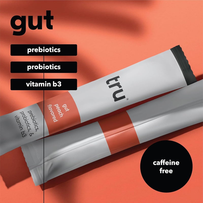 Tru Gut Powder Prebiotics and Probiotics for Digestive Health Peach Flavored Gut Health Drink Mix with Vitamin B3 Sweetened with Monk Fruit  Stevia Caffeine Free Gluten Free Vegan 12 Packets - Image 5