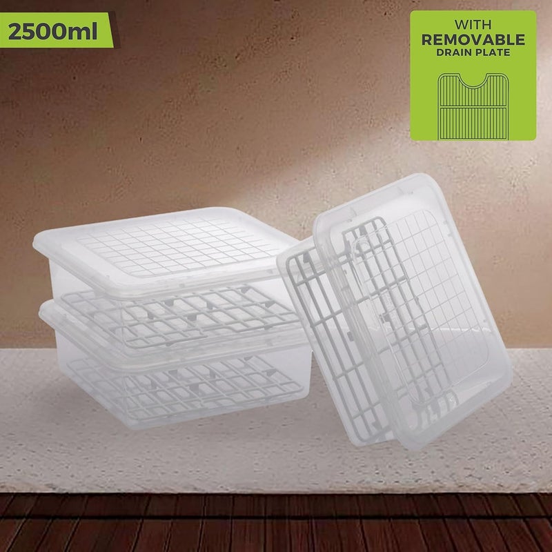 ROXA Fridge Storage Boxes Fridge Organizer with Removable Drain Plate and Lid Stackable Fridge Storage Freezer Storage Containers for Fish, Meat, Vegetables, Fruits (2500ML, Pack of 3) - Image 4