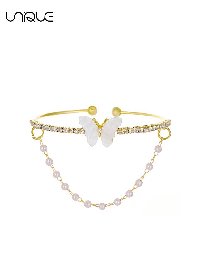 يونيك أساور - سوار فراشة مزدوج من عرق اللؤلؤ - سوار من حجر الراين - سوار مفتوح من اللؤلؤ - أنيق وأنيق - سوار جديد - نسائي (ذهبي) - Image 1