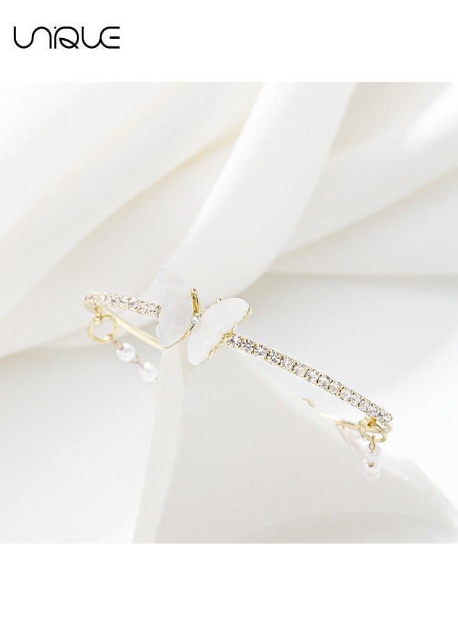 يونيك أساور - سوار فراشة مزدوج من عرق اللؤلؤ - سوار من حجر الراين - سوار مفتوح من اللؤلؤ - أنيق وأنيق - سوار جديد - نسائي (ذهبي) - Image 2