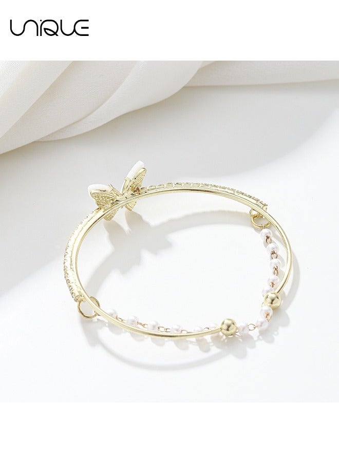 يونيك أساور - سوار فراشة مزدوج من عرق اللؤلؤ - سوار من حجر الراين - سوار مفتوح من اللؤلؤ - أنيق وأنيق - سوار جديد - نسائي (ذهبي) - Image 3