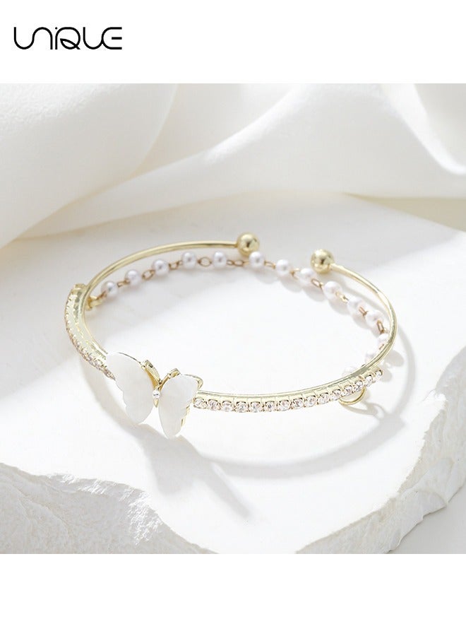 يونيك أساور - سوار فراشة مزدوج من عرق اللؤلؤ - سوار من حجر الراين - سوار مفتوح من اللؤلؤ - أنيق وأنيق - سوار جديد - نسائي (ذهبي) - Image 4