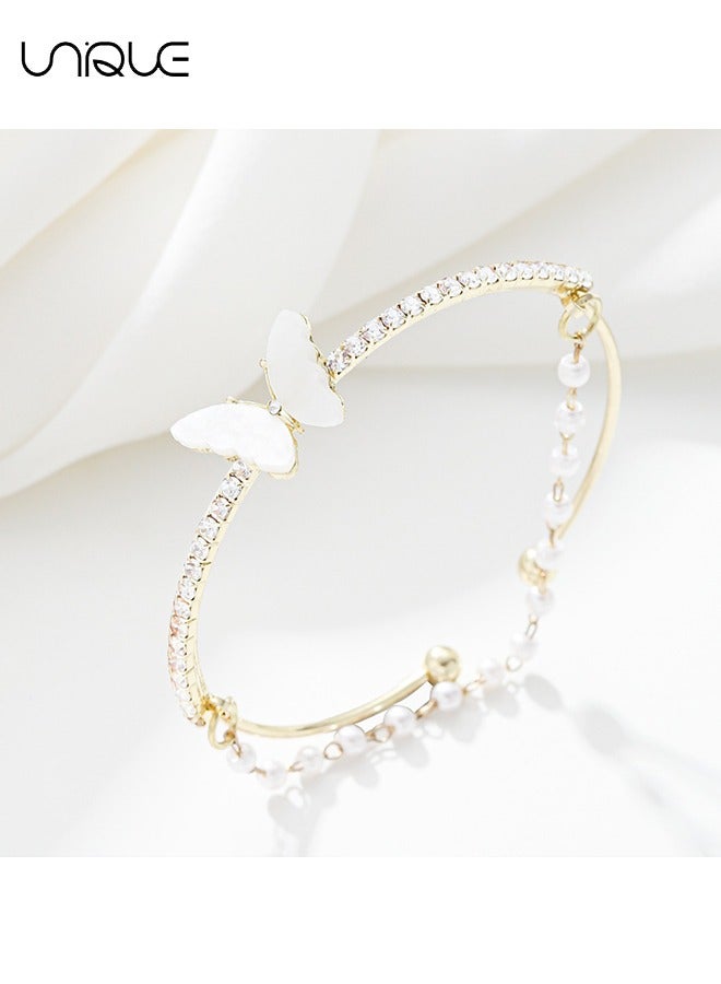 يونيك أساور - سوار فراشة مزدوج من عرق اللؤلؤ - سوار من حجر الراين - سوار مفتوح من اللؤلؤ - أنيق وأنيق - سوار جديد - نسائي (ذهبي) - Image 5