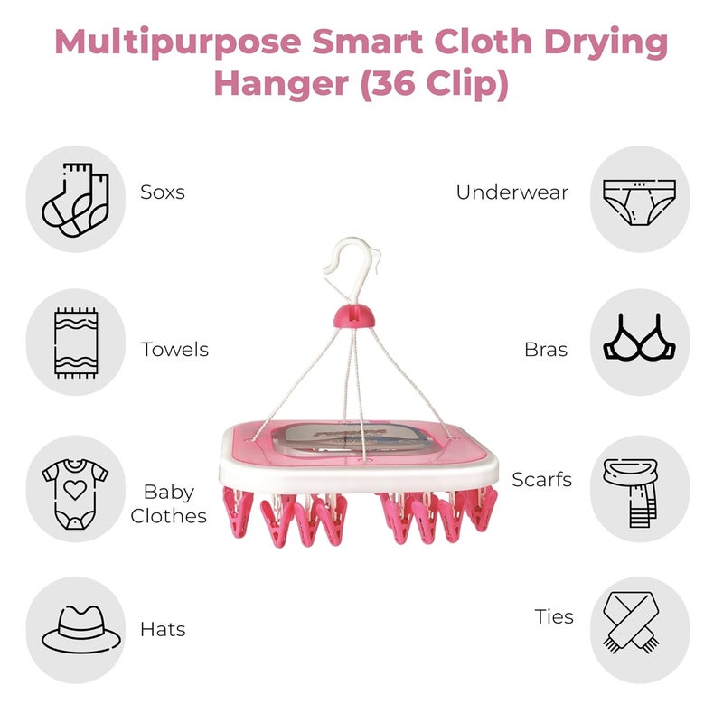 MOLTRES MOLTERS Pushpa 36 PinsClips Cloth Drying Hanger Plastic Square Shape Plastic Cloth Clips Pink 36 Clips - Image 3