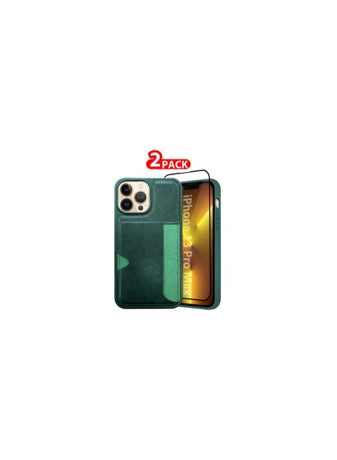 CATANES iPhone 13 Pro Max 2Packs Case Leather Antifingerprint Cover with Wallet Card Slot Shell, Side Insert Card Holder, Anti Fall Protection - Green  - Image 1