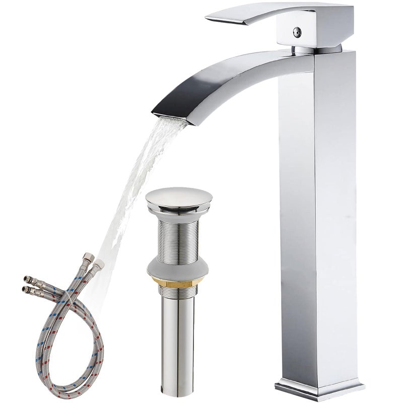 Greenspring Chrome Vessel Sink Faucet Waterfall Bathroom Faucets Tall Spout Single Handle Single Hole Bathroom Faucets with Pop Up Drain and Without Overflow Basin Faucet Supply Line