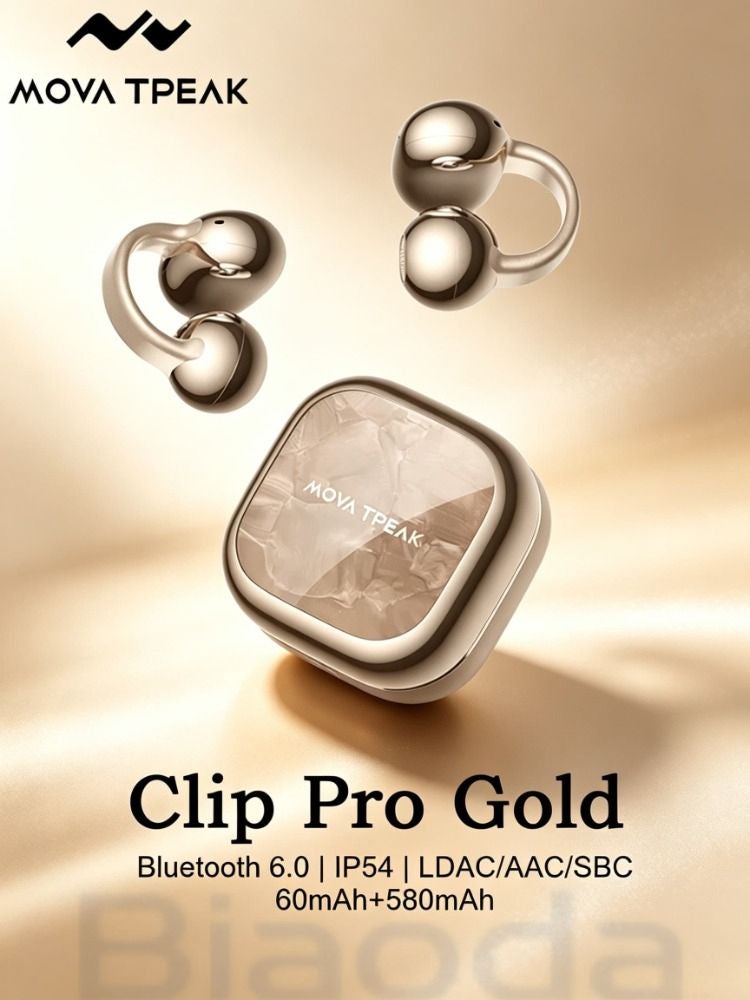 موفا سماعة لاسلكية Mova Tpeak Clip Pro Bluetooth Open-Ear Clip-On Earbuds, Gold - Image 1