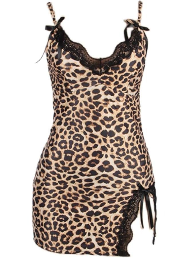 Women's Leopard Print Nightdress Lace Lingerie Plus Size Pajamas V-Neck Backless Nightgown Sleepwear Adjustable Straps Dressing Gown Fit Small to Medium