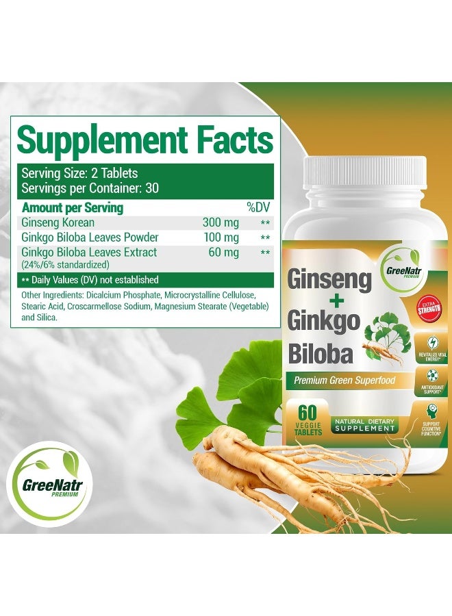 GreeNatr Ginseng + Ginkgo Biloba - 60 Veggie Tablets - Image 3