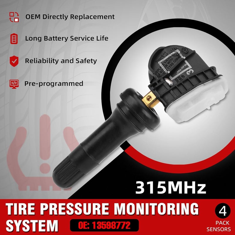 SEINECA 4Pack 13598772 315MHz Tire Pressure Monitoring System(TPMS) Sensor Compatible with Chevrolet Silverado GMC Sierra Cadillac ATS XTS Buick SAAB Saturn Chevy Cruze Camaro Trax Colorado Sonic Spark Impala - Image 2
