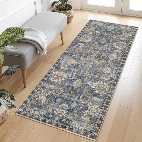 RUGSURE Washable Area Rugs Perfect for Living Room Bedroom Kids Room Nursery Stain Water Resistant NonSlip Pet Child Friendly Vintage Tribal Area Rugs Navy 26 x 8 - Image 1