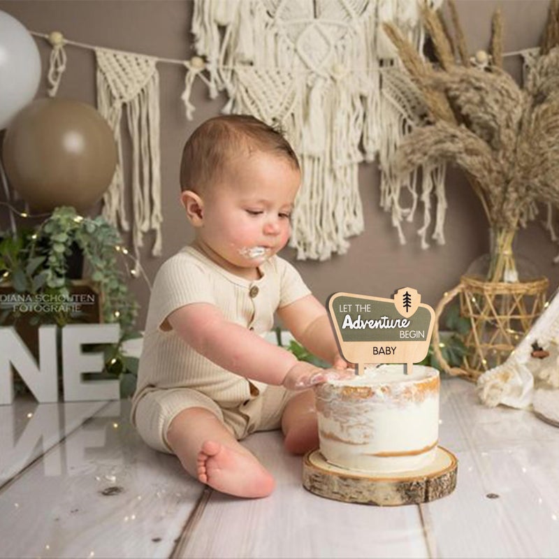 MUWEOL Let The Adventure Begin Baby Shower Cake Topper - Happy Camper Wooden Cake Topper Natural Adventure Themed Decor Baby Shower Decorations - Image 5