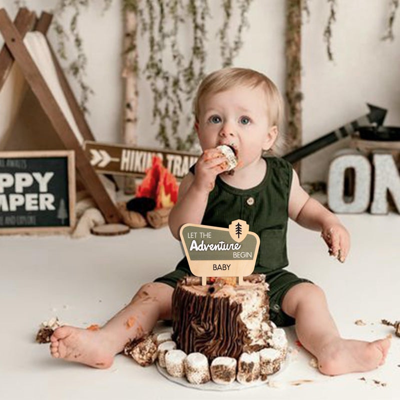 MUWEOL Let The Adventure Begin Baby Shower Cake Topper - Happy Camper Wooden Cake Topper Natural Adventure Themed Decor Baby Shower Decorations - Image 3