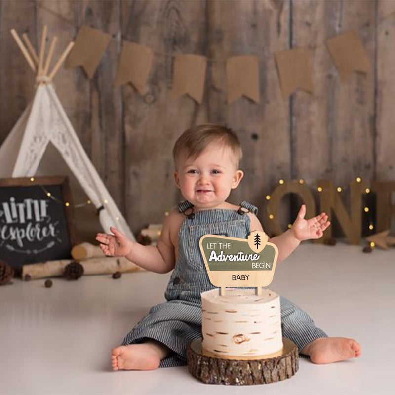 MUWEOL Let The Adventure Begin Baby Shower Cake Topper - Happy Camper Wooden Cake Topper Natural Adventure Themed Decor Baby Shower Decorations - Image 4