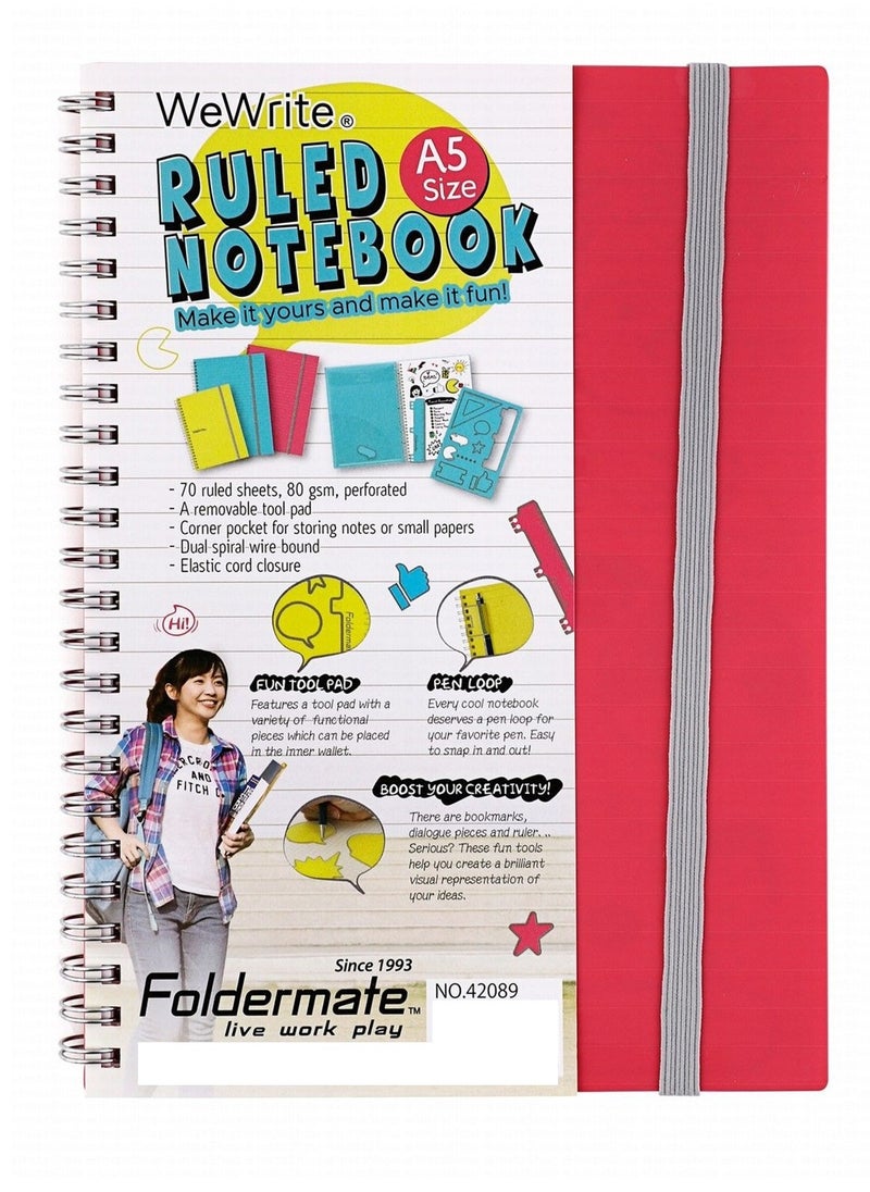 Foldermate - WeWrite A5 Pink Spiral Ruled Notebook with Tool Pad & Pen Loop - Image 1