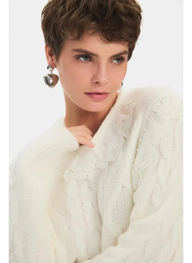 JUNE June Women Crew Neck Frilly Hair Braid Knitwear Sweater Ecru
