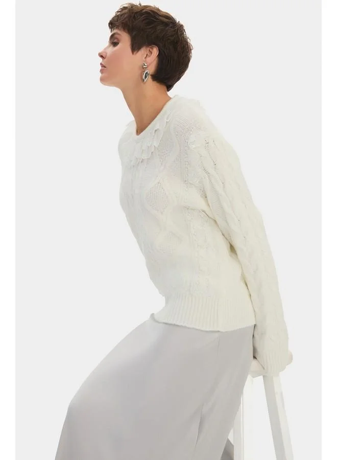 JUNE June Women Crew Neck Frilly Hair Braid Knitwear Sweater Ecru