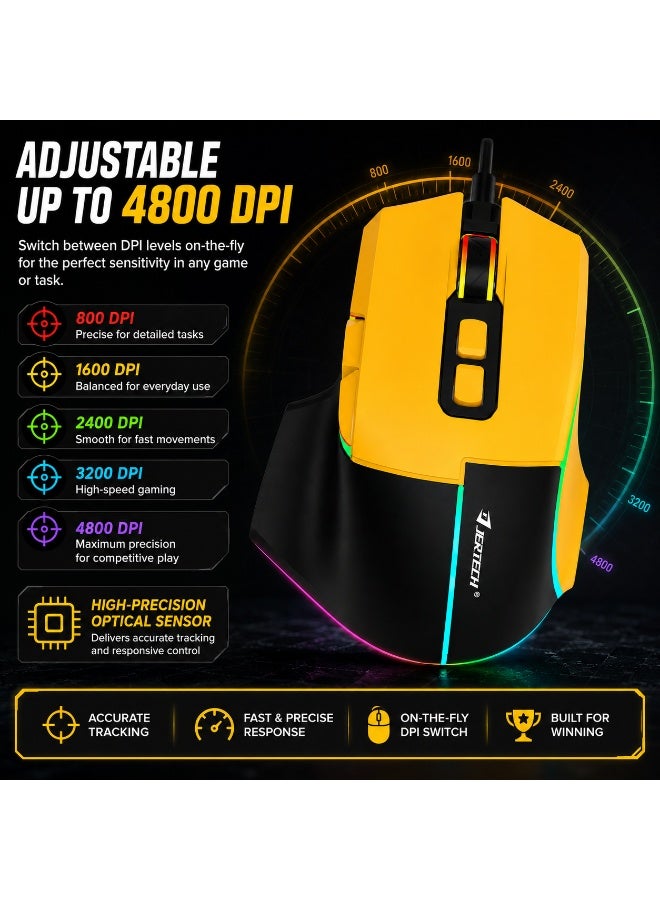 جيرتك فأرة الألعاب JR860 AEGIS RGB – مستشعر بصري بدقة 4800 نقطة في البوصة، معدل استجابة 125 هرتز (أصفر أسود) - Image 4