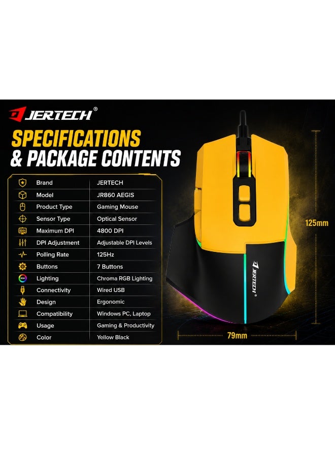 جيرتك فأرة الألعاب JR860 AEGIS RGB – مستشعر بصري بدقة 4800 نقطة في البوصة، معدل استجابة 125 هرتز (أصفر أسود) - Image 2