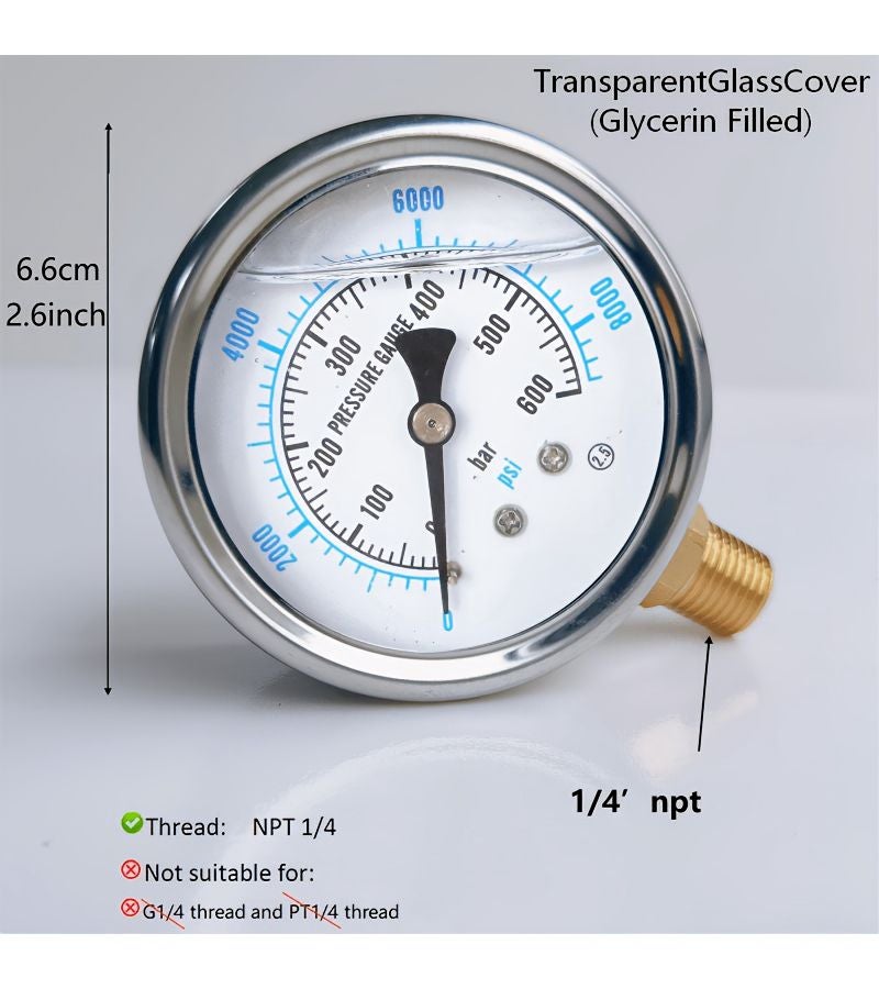 Y60 مقياس ضغط مقاوم للصدمات، 0-60 ميجاباسكال، 8000 PSI، توصيل بخيط NPT 1/4، مملوء بالجلسرين، مقاوم للاهتزاز، غلاف معدني، يشمل 2 لفة من شريط PTFE - Image 3