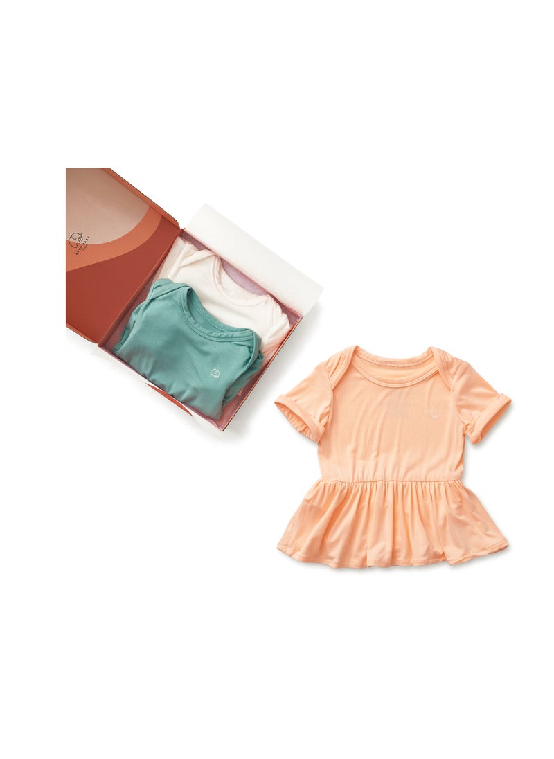Anvi Baby Organic Bamboo Spandex Onesie Dress- Gift Set Girls- Peach/Sage/White  - Image 2